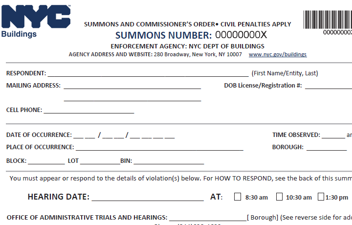 NYC Plumbing Violation DOB-Summons